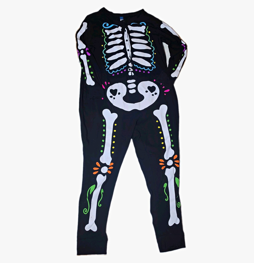 Old Navy Womens 2X Plus Skeleton Halloween One-Piece Pajama Black Cotton